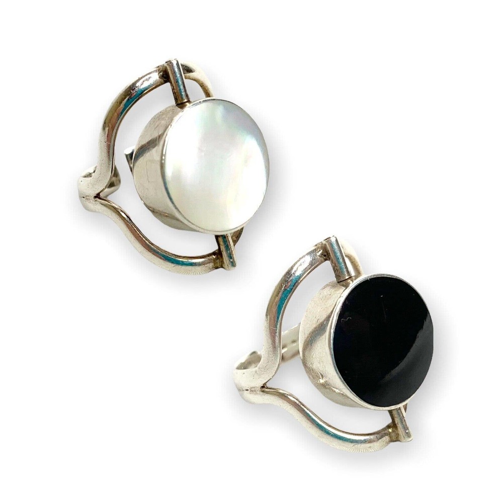 Vtg Sterling Flip Reversible Ring Mother of Pearl Black Onyx Inlay 925 Mexico